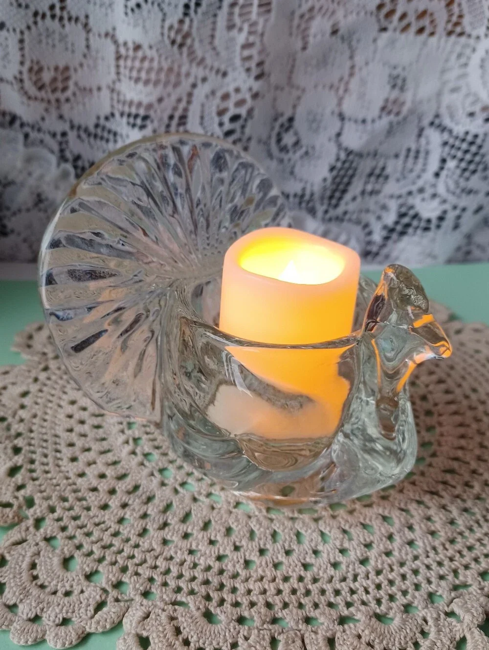 VTG 1979 HOLIDAY SEASON AVON CLEAR GLASS TURKEY TEALIGHT/VOTIVE CANDLE HOLDER
